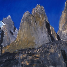 An oil painting of a mountainous landscape set against a deep blue sky.