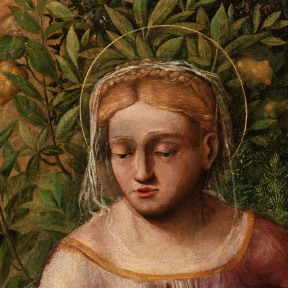 Detail of an oil painting of the Madonna with Child and Saint Anne in nature.