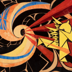 Brightly coloured oil paint and collaged abstract painting of a spiral and interlocking patterns in black, yellow, orange, blue and red. The title translates to War.