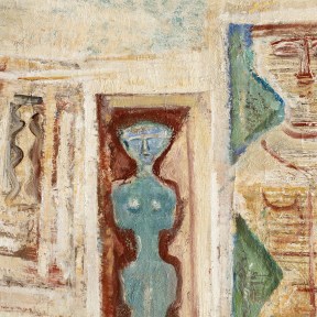 Detail of an oil painting that depicts a structure and female figures in a minimalist style. The image is composed of simple, geometric shapes, and the colours used are predominantly creams along with blues, greens and red.