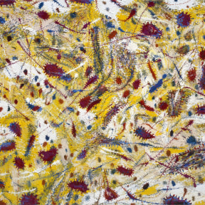 An oil painting in vibrant yellow and white, dotted with red shapes with flicks of red and blue paint.