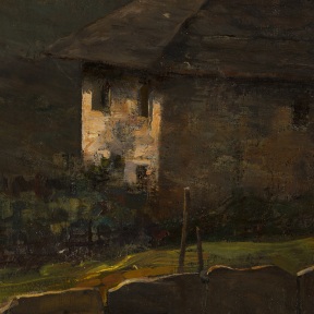 Detail of an oil painting of a cottage on the road.