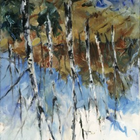 An abstract oil painting of Birch Trees in reverse, with the roots at the top and the tips below. The trees sit in a forest against vibrant blue skies with white clouds.