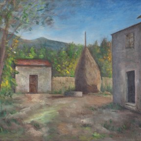 An oil painting of a rural scene.