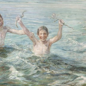 An oil painting of children playing in the water.