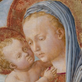 Detail of a tempera painting of the Virgin Mary and Jesus Christ.
