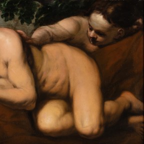 An oil painting of a sleeping menade. In Greek mythology, maenads were the female followers of Dionysus. One figure lays sleeping while another leans over, placing a hand on their shoulder.