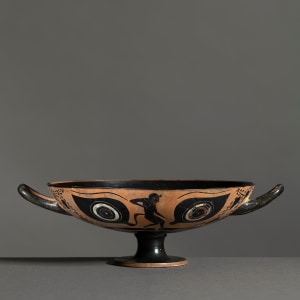 Greek black-figure kylix with ithyphallic guineafowl, Late 5th century BC
