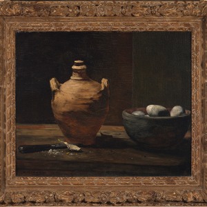 STILL LIFE WITH EGGS, GARLIC, AND A CERAMIC JUG