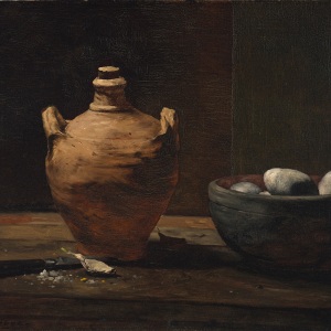 STILL LIFE WITH EGGS, GARLIC, AND A CERAMIC JUG