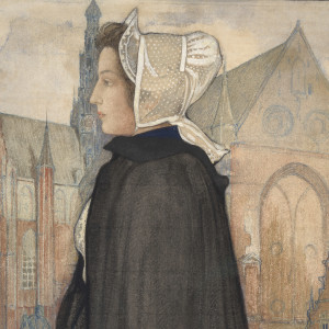 WOMAN IN PROFILE STANDING IN FRONT OF ST. BAVO IN HAARLEM