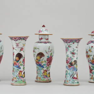 A CHINESE FAMILLE ROSE EXPORT GARNITURE OF FIVE VASES, : Early Qianlong period, circa 1740