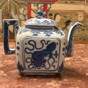 A RARE MING CHINESE BLUE AND WHITE WINE POT, Ming dynasty first half of the 17th century
