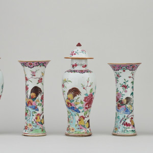A CHINESE FAMILLE ROSE EXPORT GARNITURE OF FIVE VASES, : Early Qianlong period, circa 1740