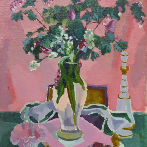Jules Cavailles, Still life of a glass vase with a decanter and a chess piece.