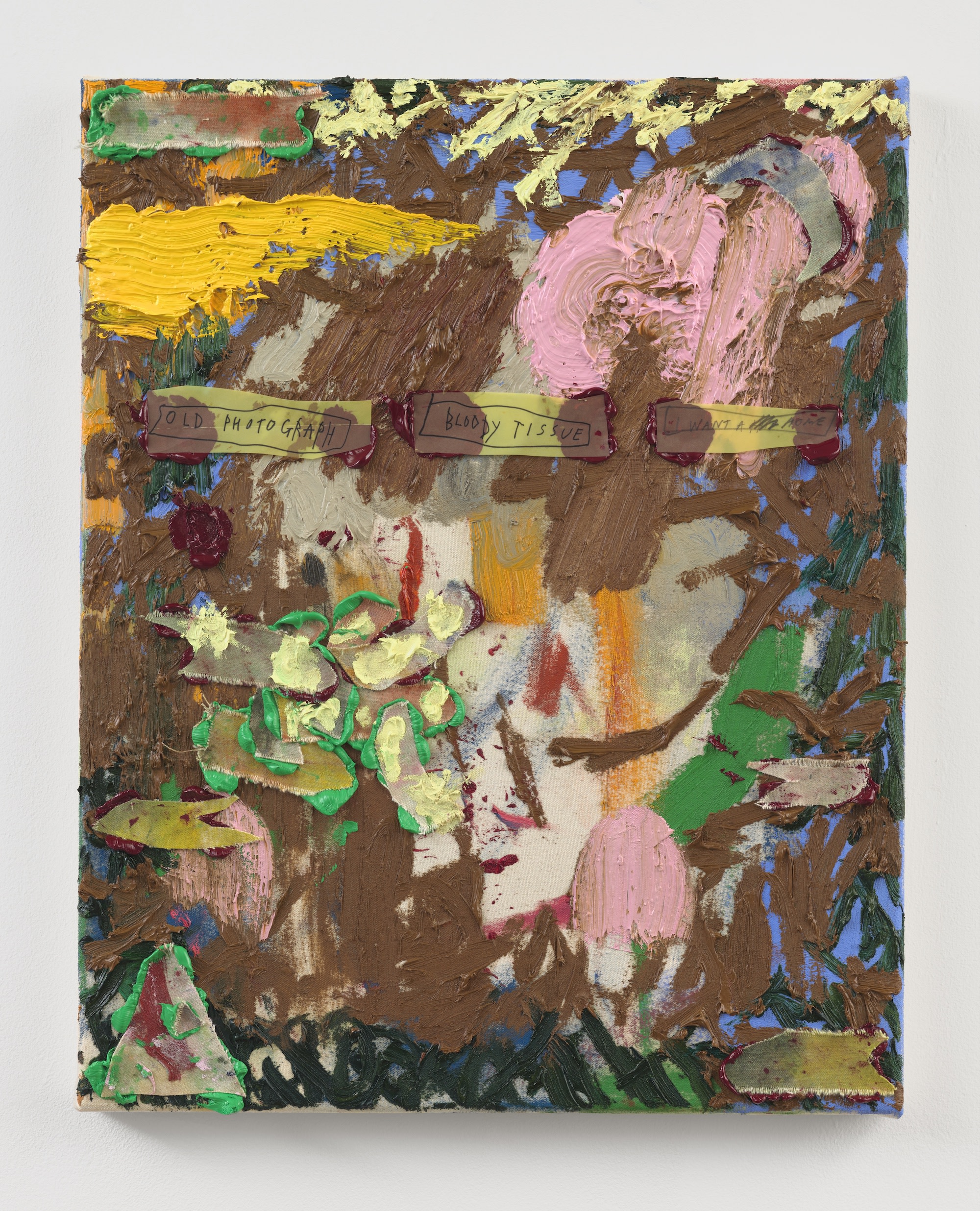 Old Photograph, Bloody Tissue, I Want A Home, 2020 oil, collaged canvas and paper on canvas 50 × 40 cm...