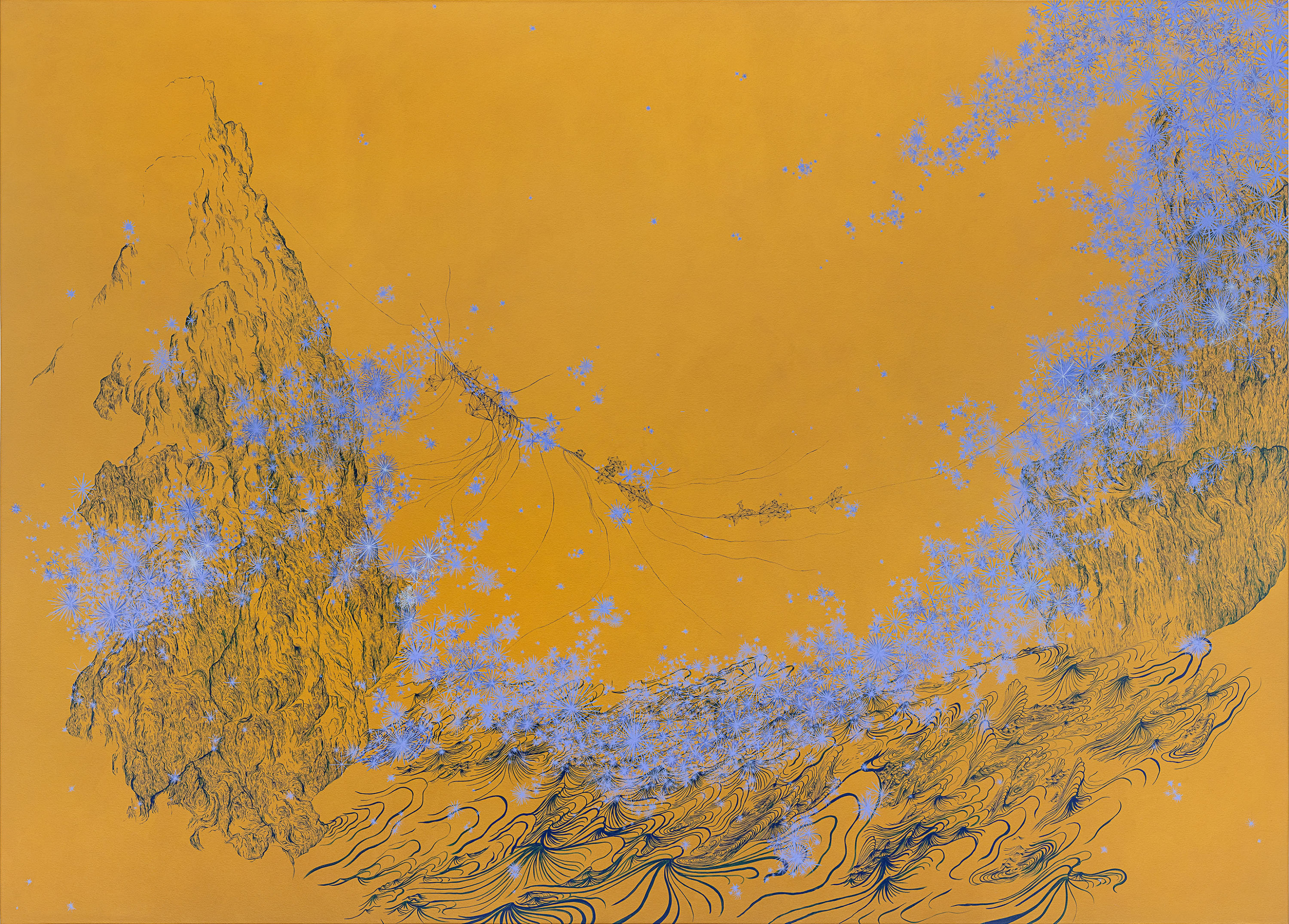 Sandra Cinto, Gold on blue (from the series Nights of Hope in Maçarico City), 2022, 250 x 350 cm