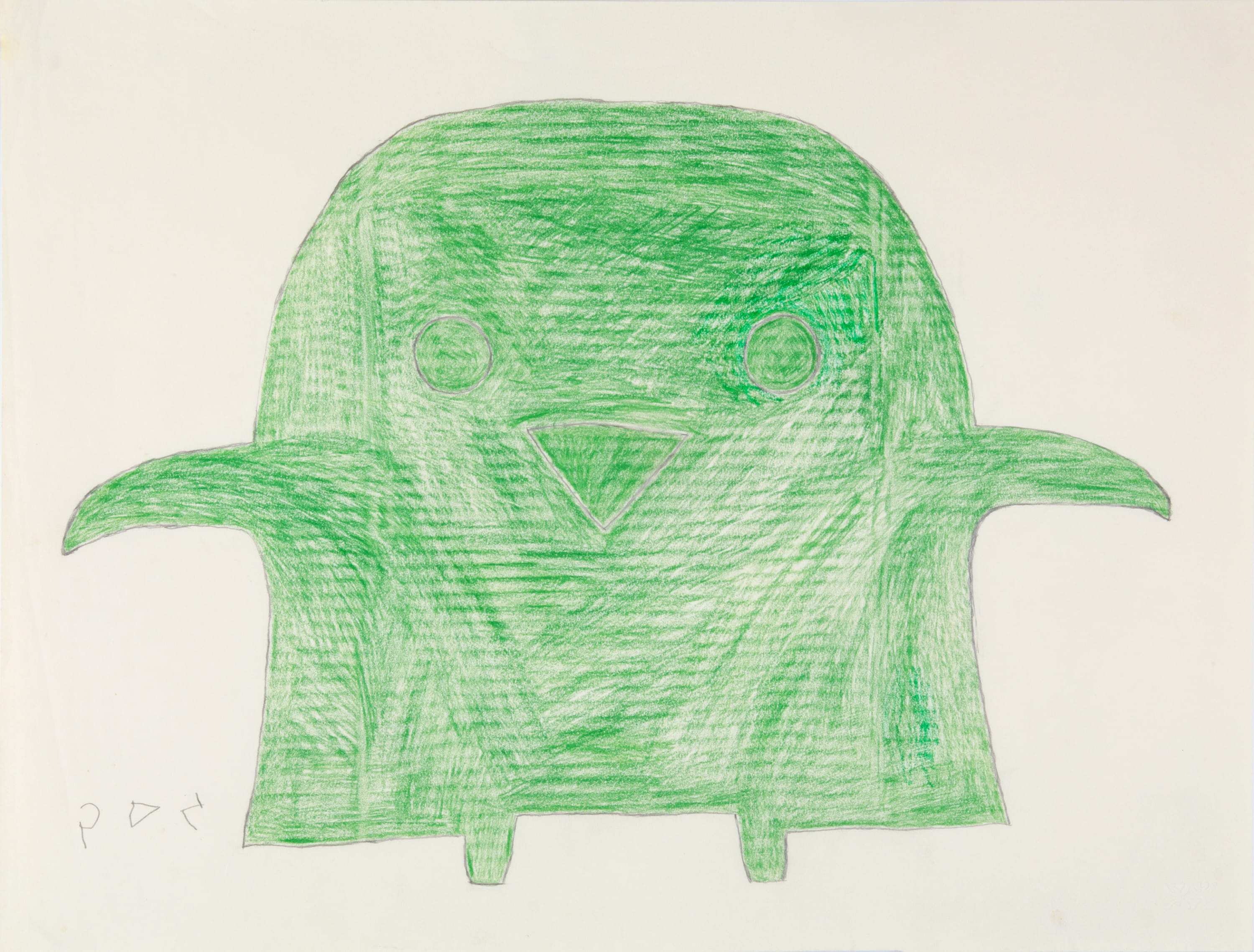 SHEOJUK ETIDLOOIE (1932-1999) KINNGAIT (CAPE DORSET) Untitled (Green Owl Fledgling), 1995-6 coloured pencil over graphite on paper, 26 x 20...