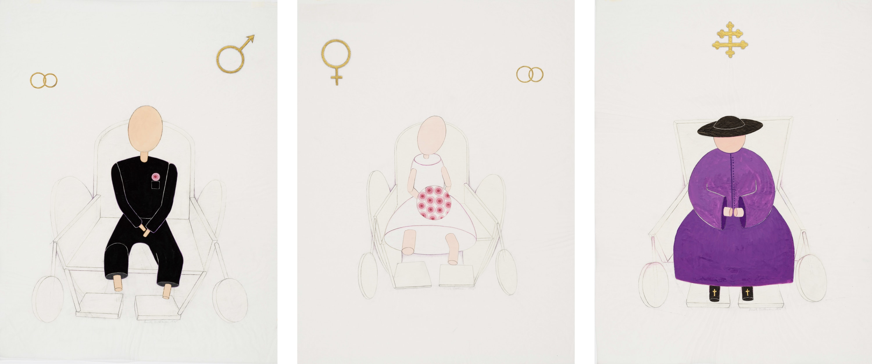 Renate BERTLMANN Bridegroom, Bride & Cardinal, 1975 Set of 3 drawings. Pencil, ink, tempera, gold colour on aqua fix. 60...