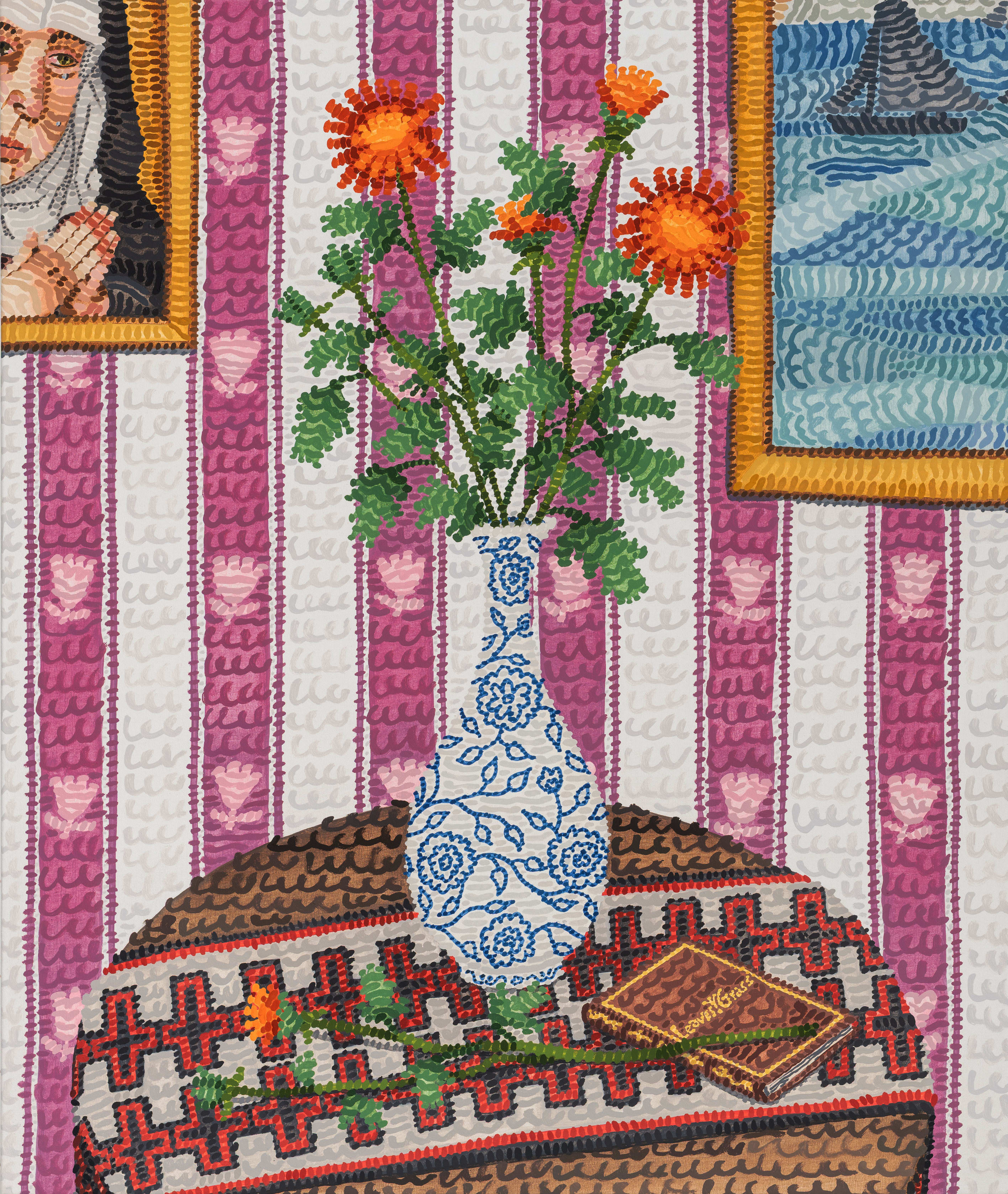 Howard Fonda, Untitled (chrysanthemum, ming vase, Leaves of Grass, Diné blanket, colonial table, Peche wallpaper, Manet, and Bouts), 2024