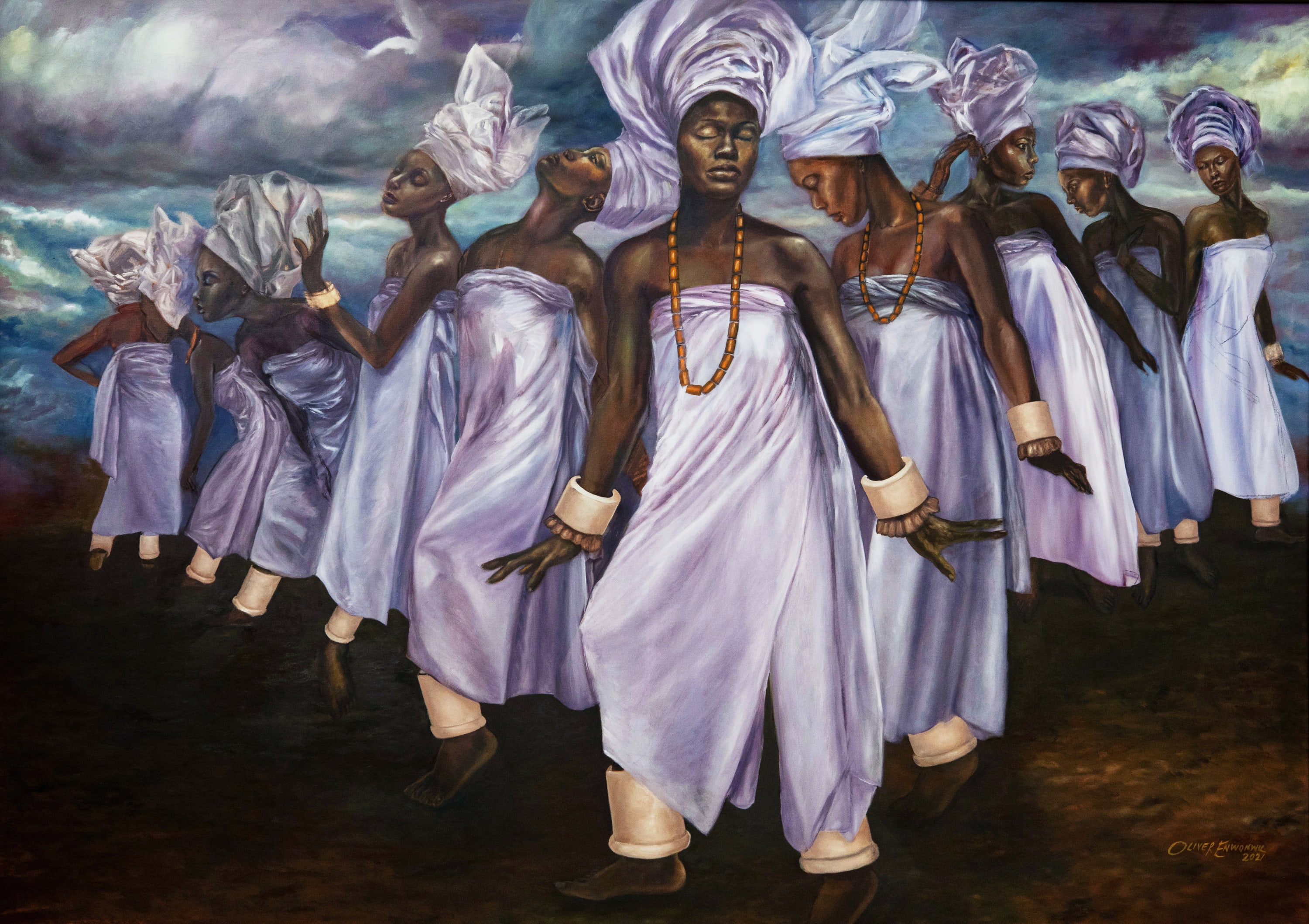 In The Cult of the People, the largest work in the exhibition, Oliver presents a group of female dancers in...