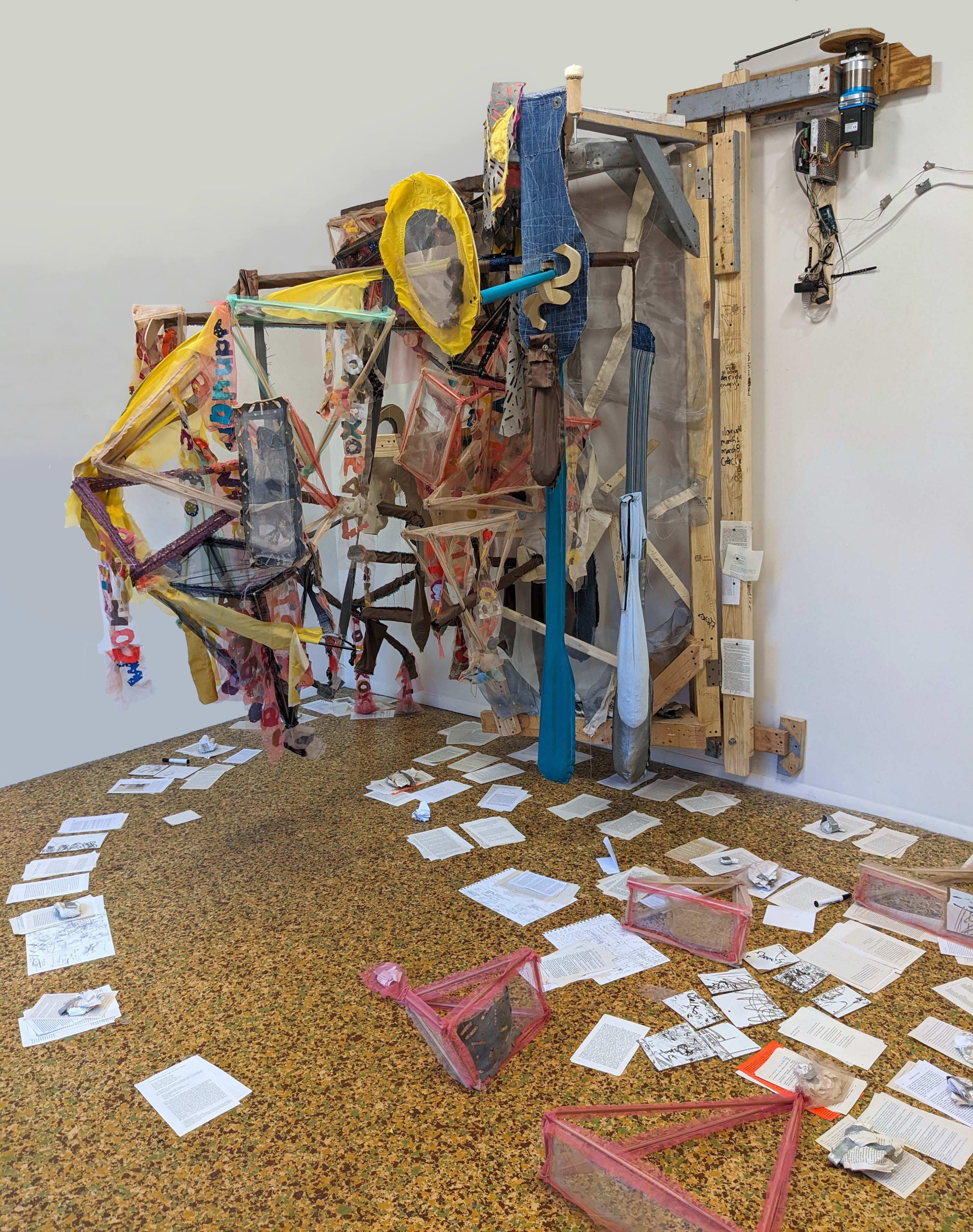 GREG SMITH, xoxo, 2023, Fabric, thread, rocks, tent pole tubing, book pages, screen, zippers, acrylic, whiteboard, whiteboard markers, EMT tubing,...