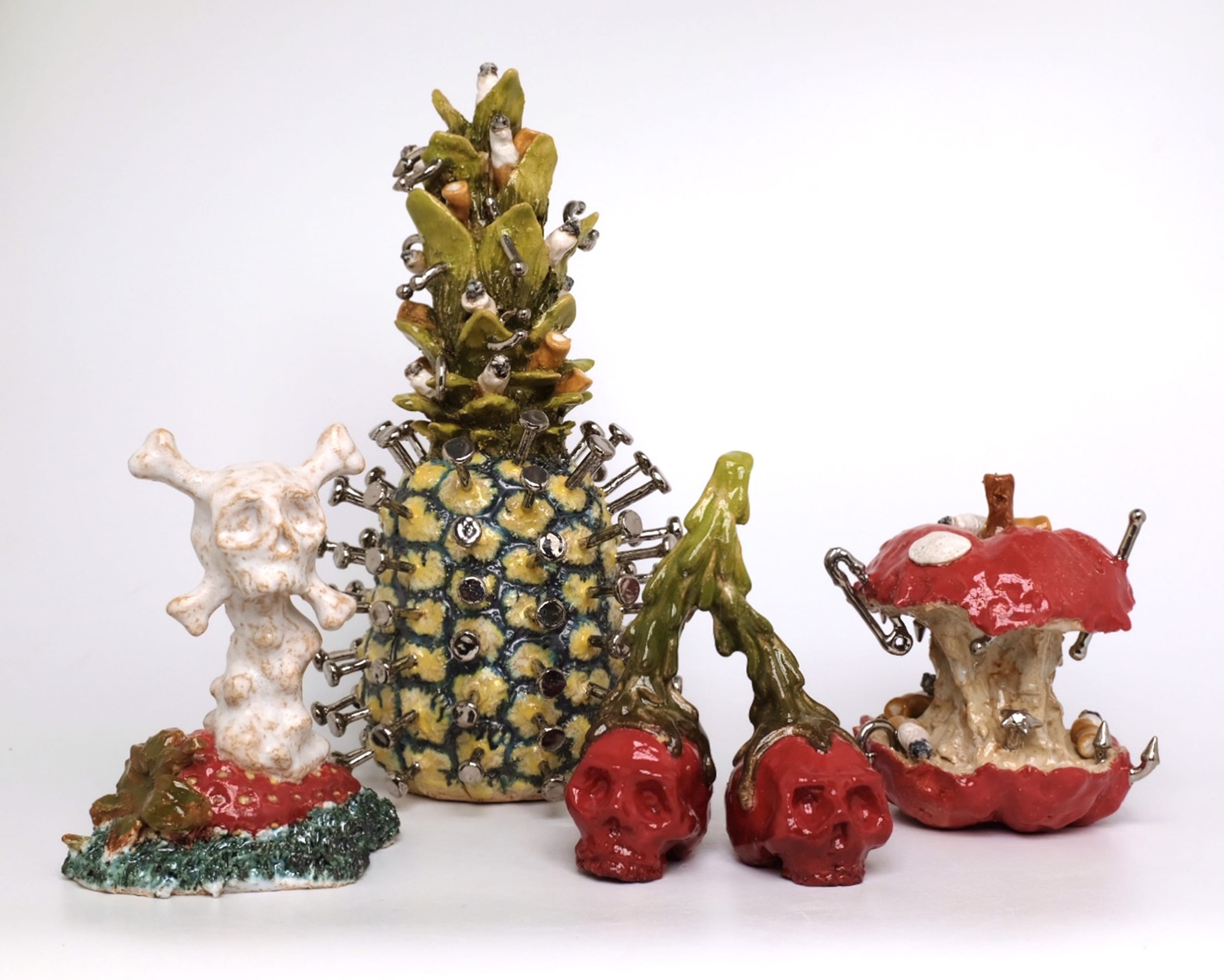 Lindsey “Lou” Howard, Til Death Do Us Part, Hard Core (Pineapple), Cherry Bomb, and Hard Core (Apple), 2023. Stoneware, glaze,...