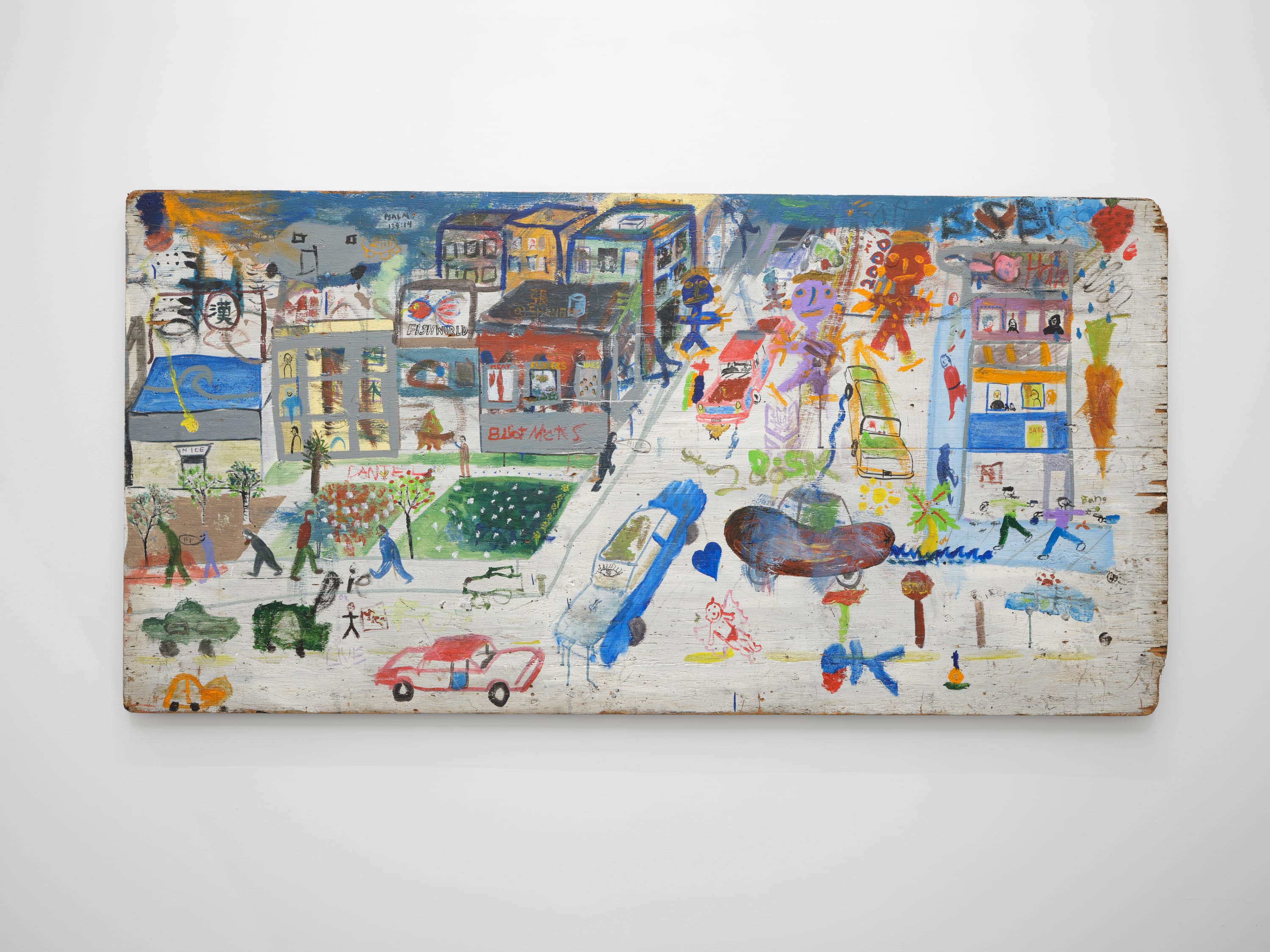 Chris Johanson, Untitled (detail), 2000, House paint, acrylic, ink, and graphite on wood, Triptych: 1. 48 x 96 in, 121.9...