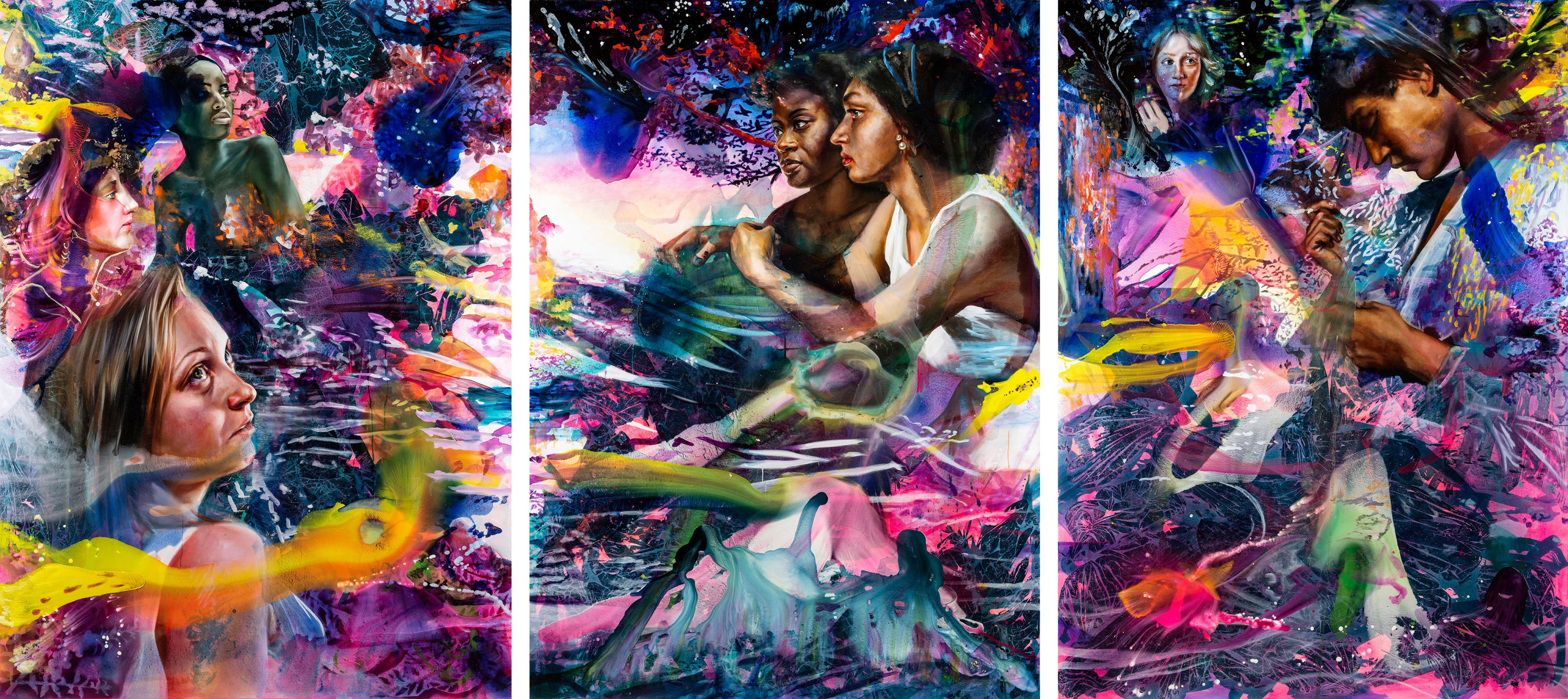 Angela Fraleigh Our world swells like dawn, when the sun licks the water, 2019 Oil and acrylic on canvas, triptych...