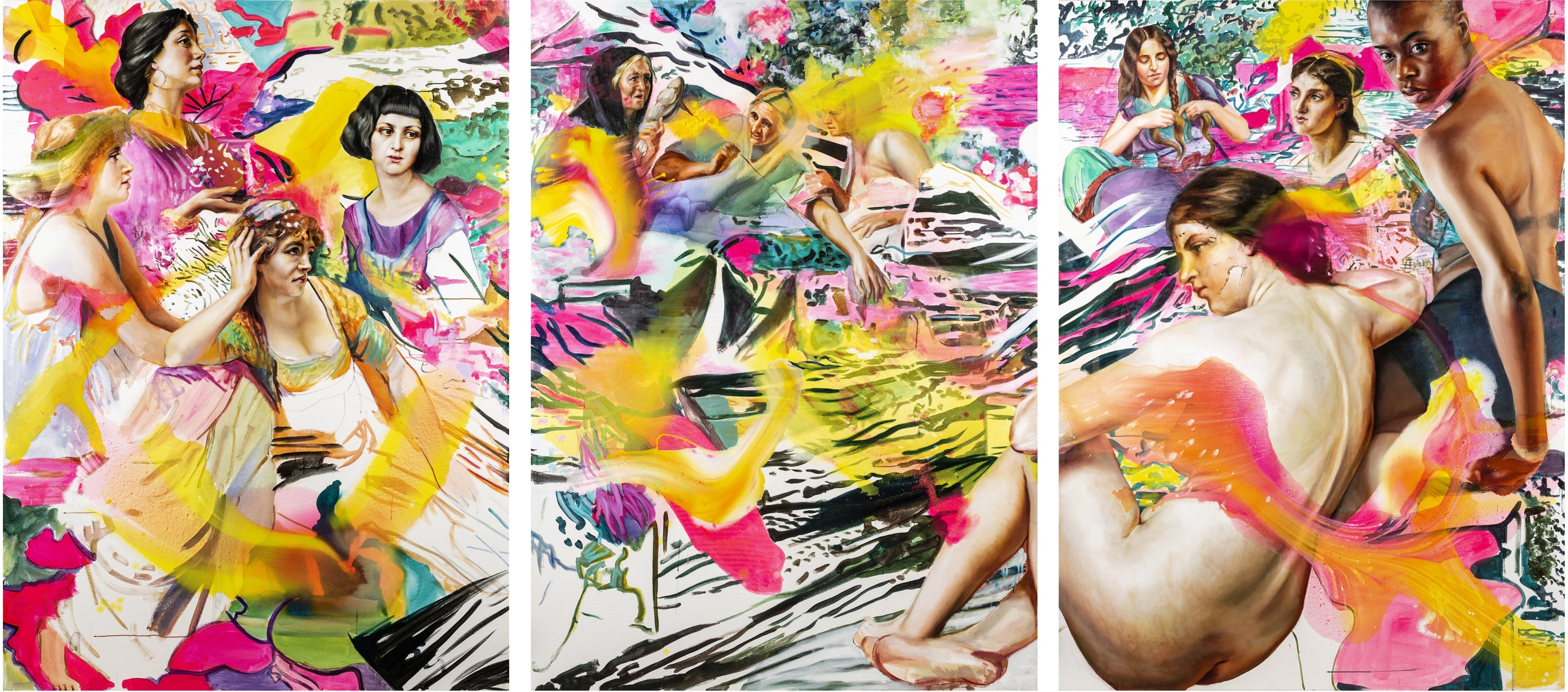 Angela Fraleigh Sound the deep waters, 2019 Oil and acrylic on canvas, triptych 90 x 198 in (228.6 x 502.9...