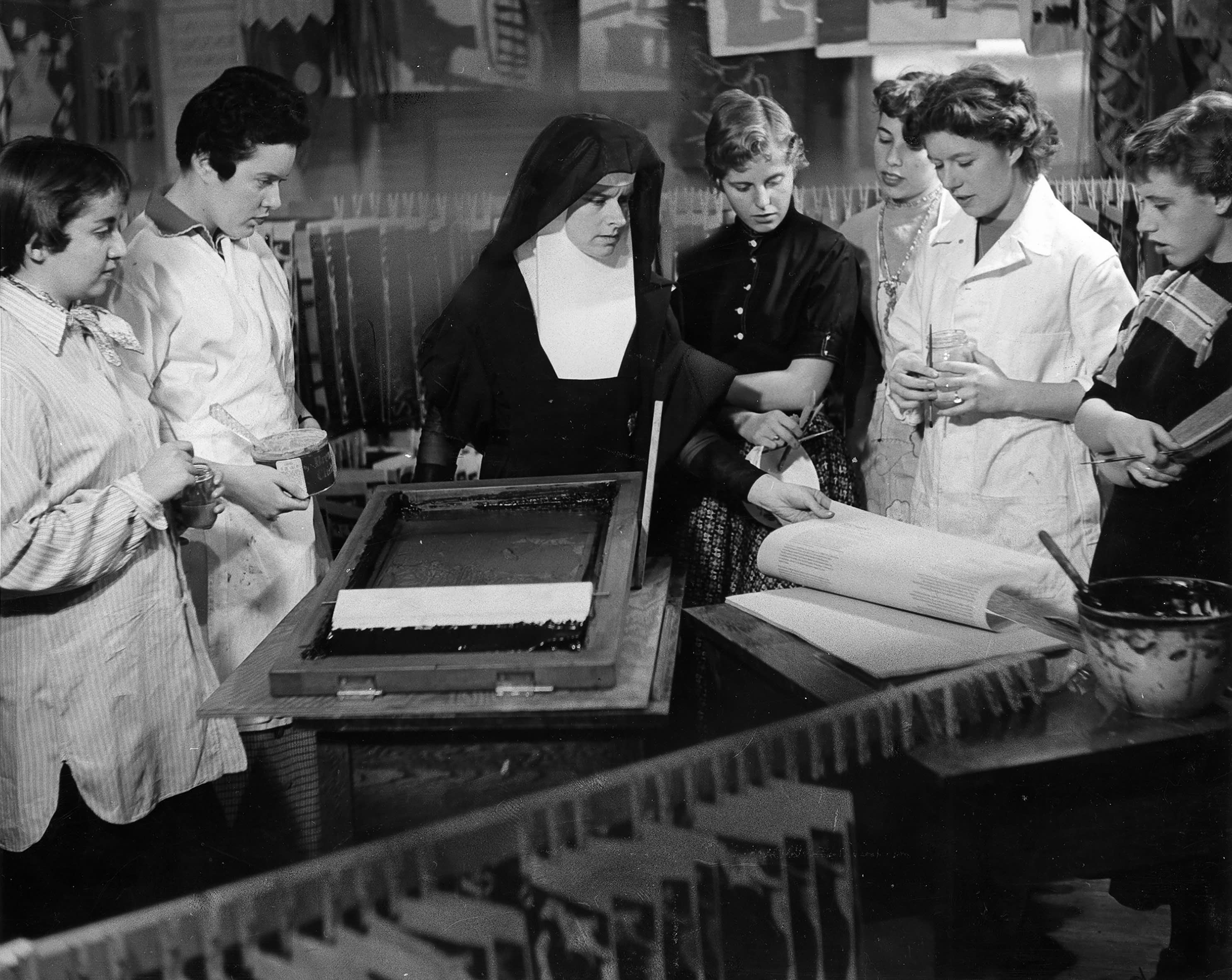 Corita with Immaculate Heart College students, ca. 1955.