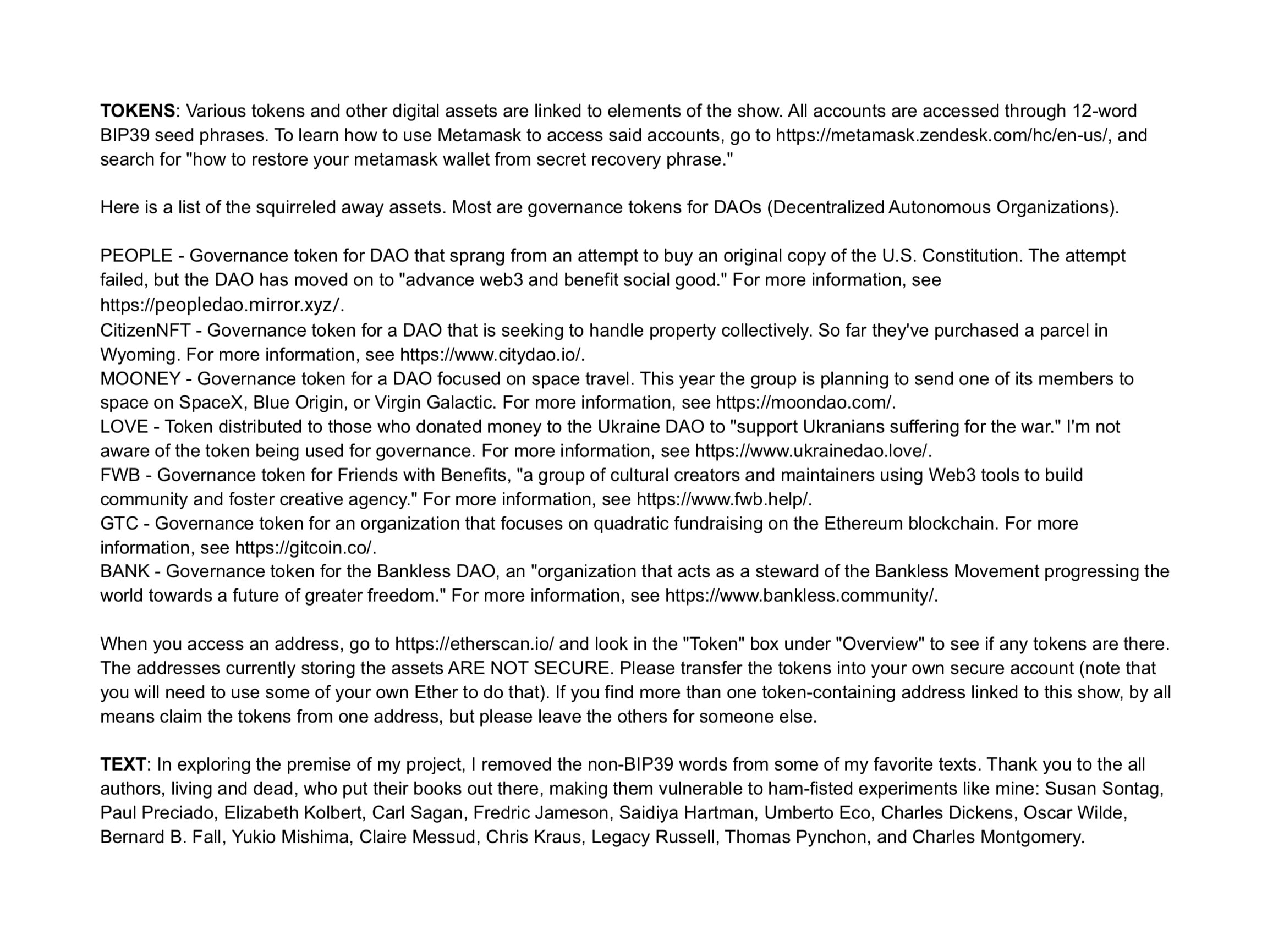 Print out of text explaining part of the artworks in the exhibition Absent Word Double