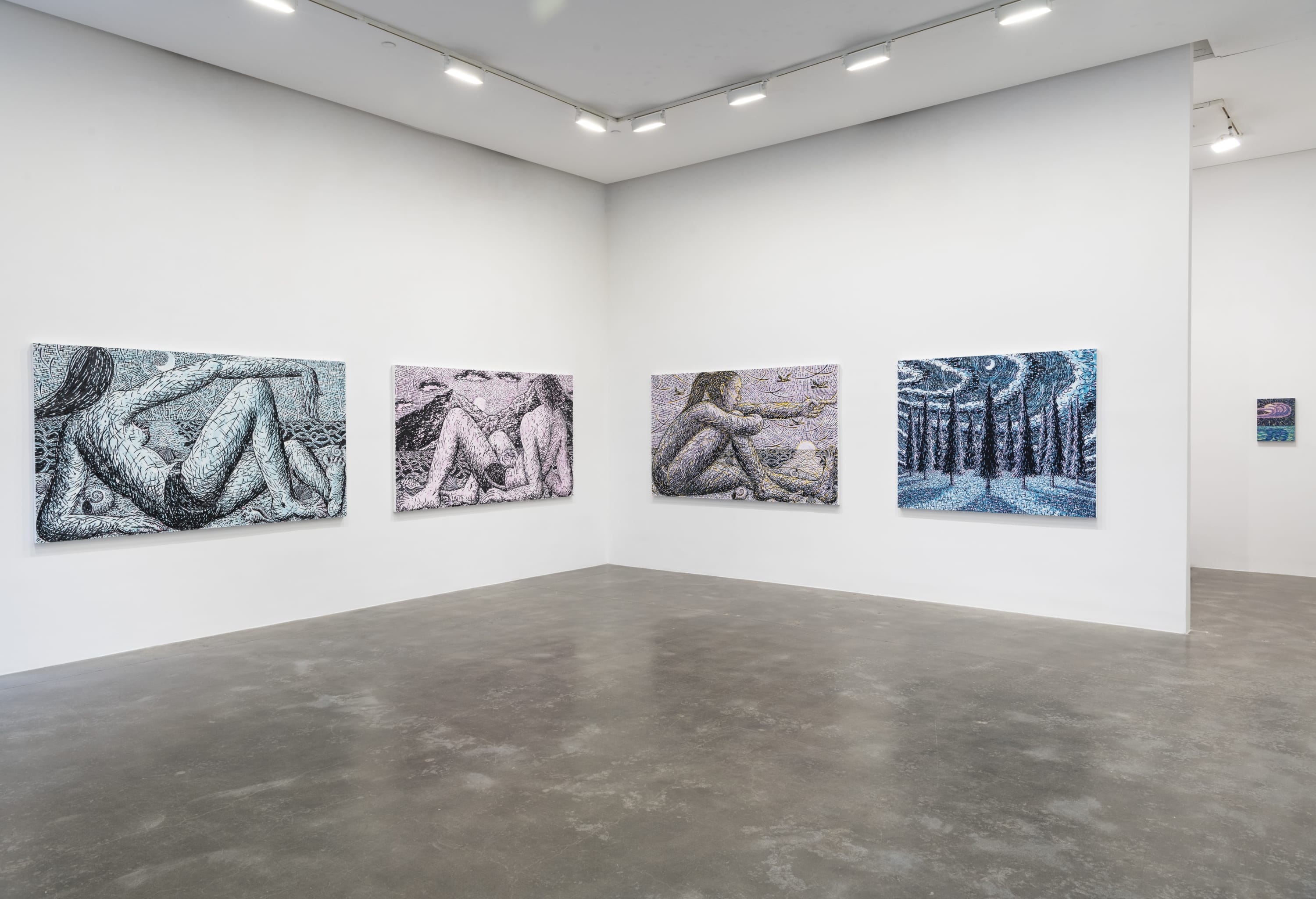 An installation view of Benjamin Degen's As We Breathe showing four large paintings of people in nature or trees and a small painting of a sun
