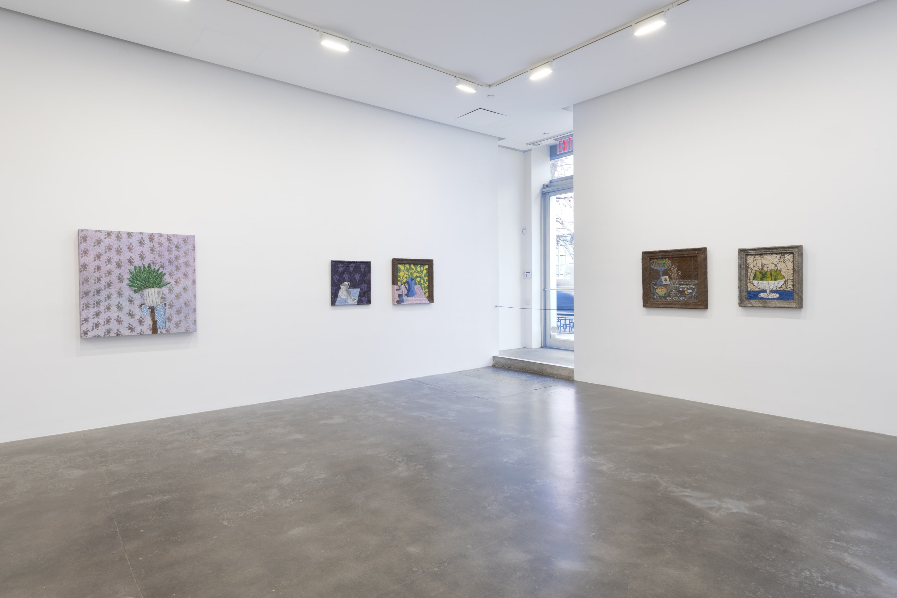 An installation view of Robert Kobayashi's Paint and Tin, showing several pointillist style still lifes and portraits and landscapes made from tin