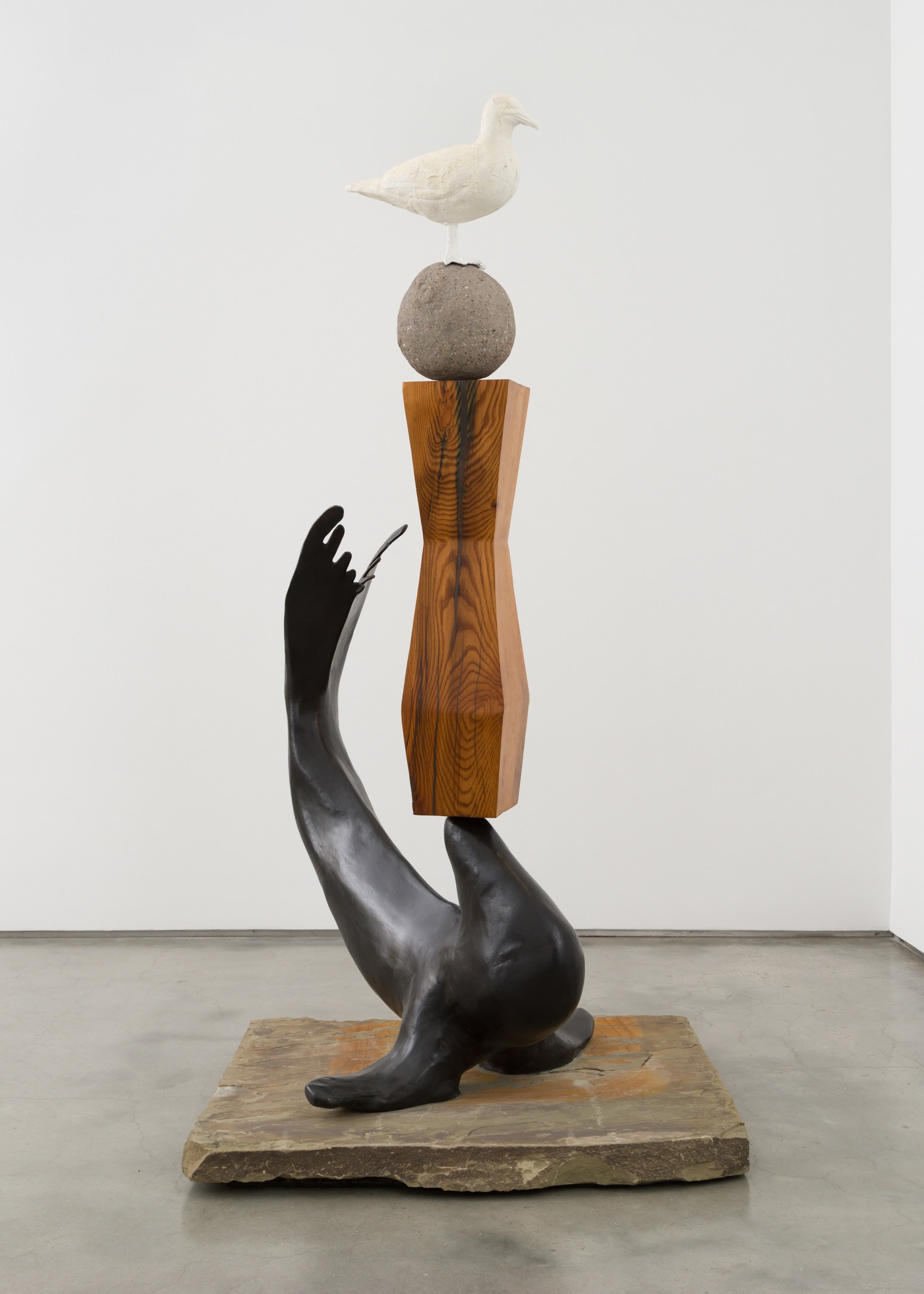 Jay Heikes Department of Seagulls, 2024 Bronze, stone, resin, stainless steel, concrete, oak Overall: 90 3/4 x 46 1/2 x...