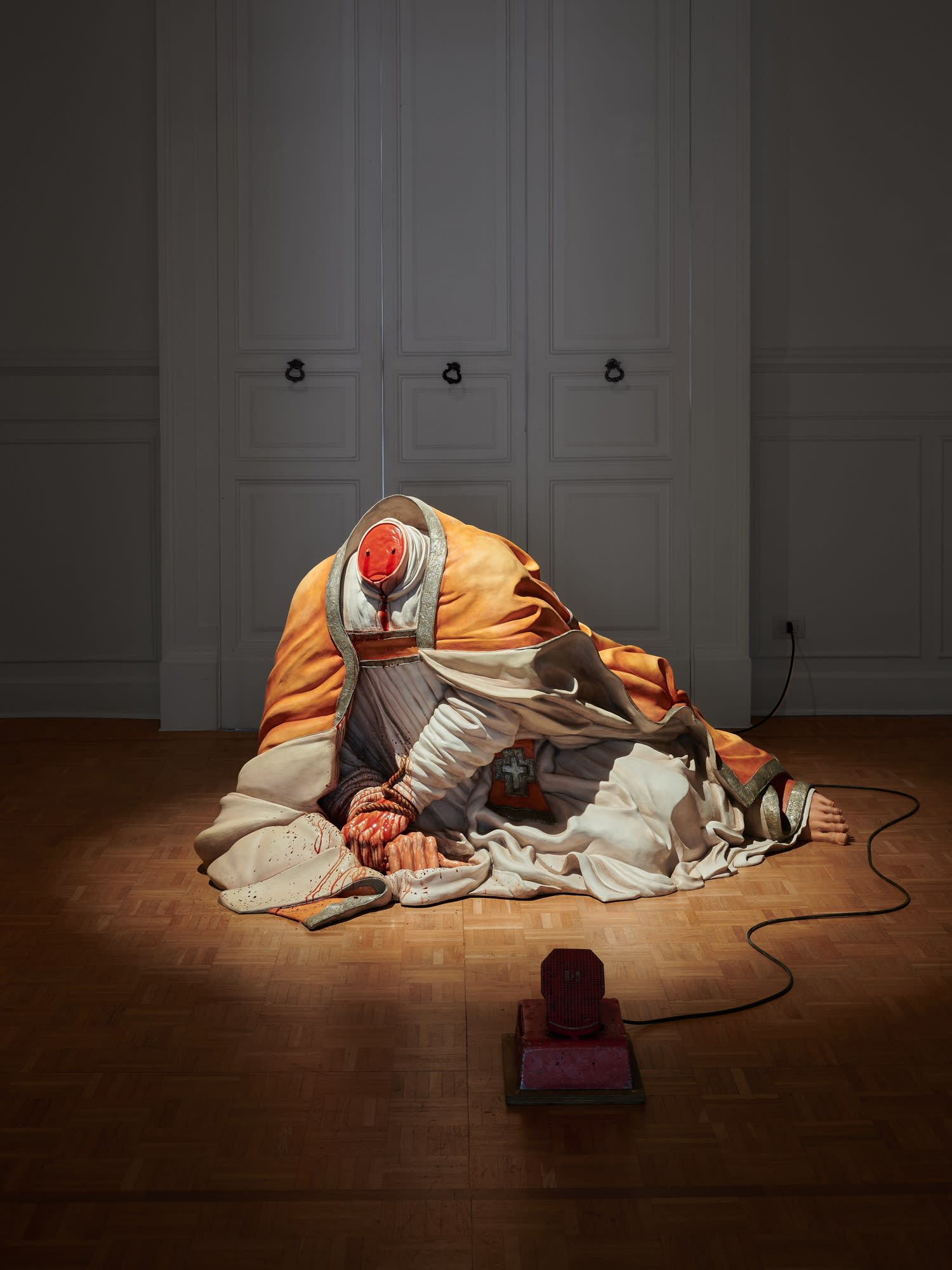 Michael Landy San Gennaro, 2024 painted fibreglass, mechanical pump, wood, electrical motor, problood dark 100 x 196.6 x 107 cm....