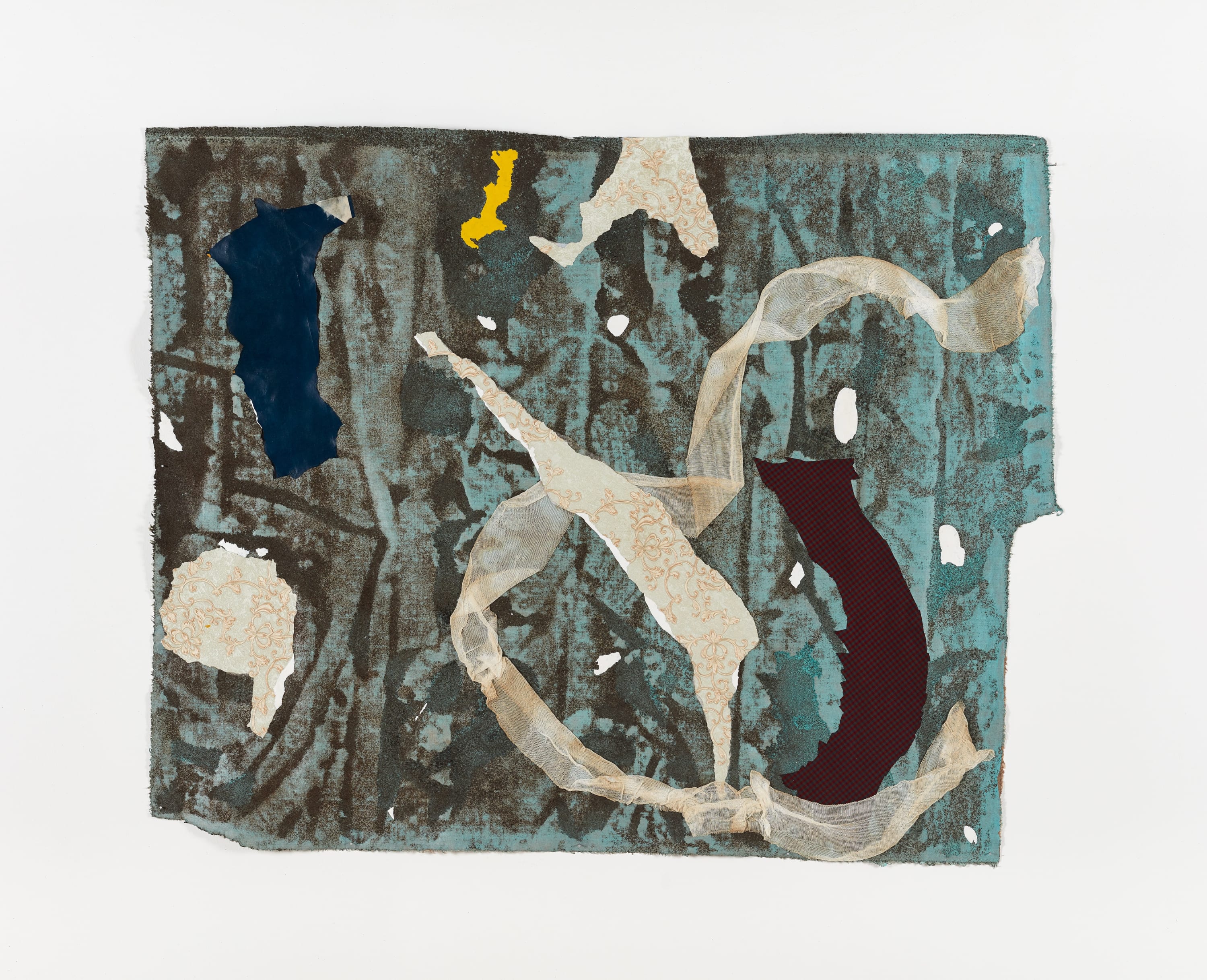 Francis Offman Untitled, 2025 acrylic, ink, paper, coffee grounds, 100% cotton gauze, Bolognese plaster on linen 99 x 126 cm....