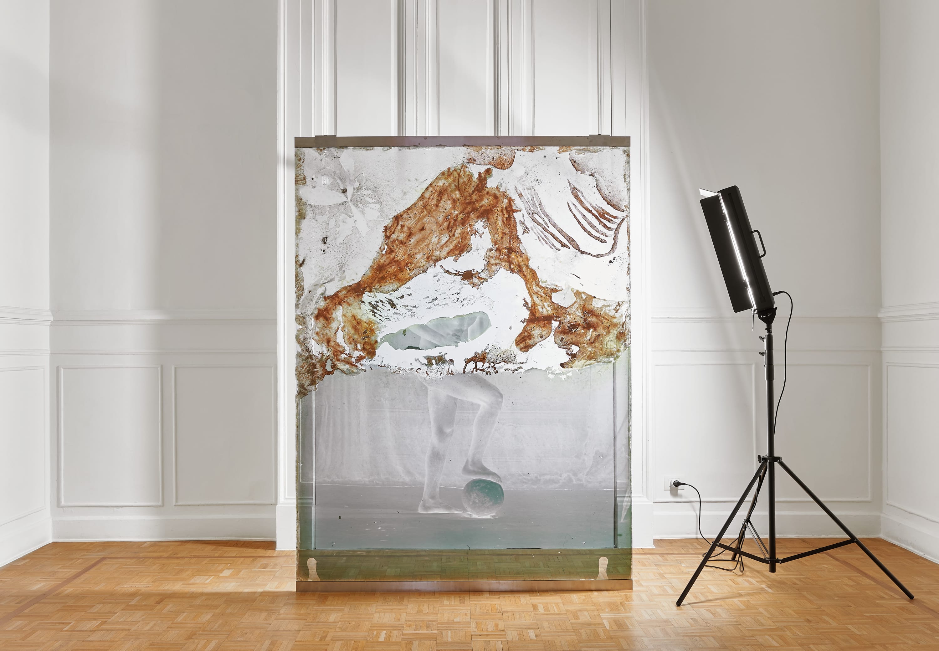 Archeology, 2017 Pigment inkjet print on gelatin treated glass, acrylic medium and sand Floor standing preservation flood light 210 x...