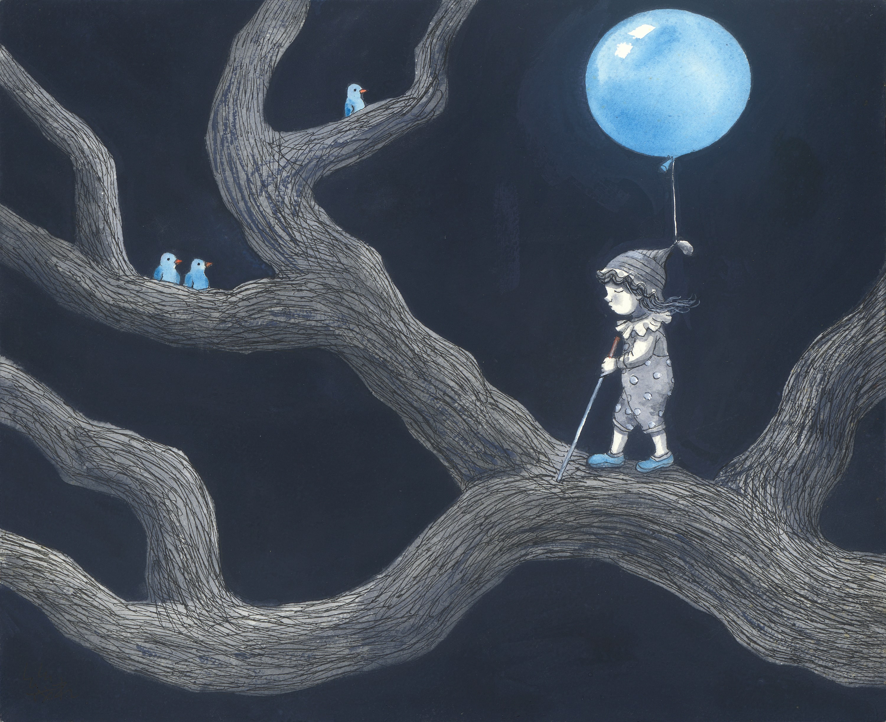 幾米 Jimmy Liao, 藍色心境 Blue State of Mind 壓克力顏料、水彩、油性簽字筆／紙 Acrylic, watercolor and marker on paper, 27.3 x 33.2 cm /...