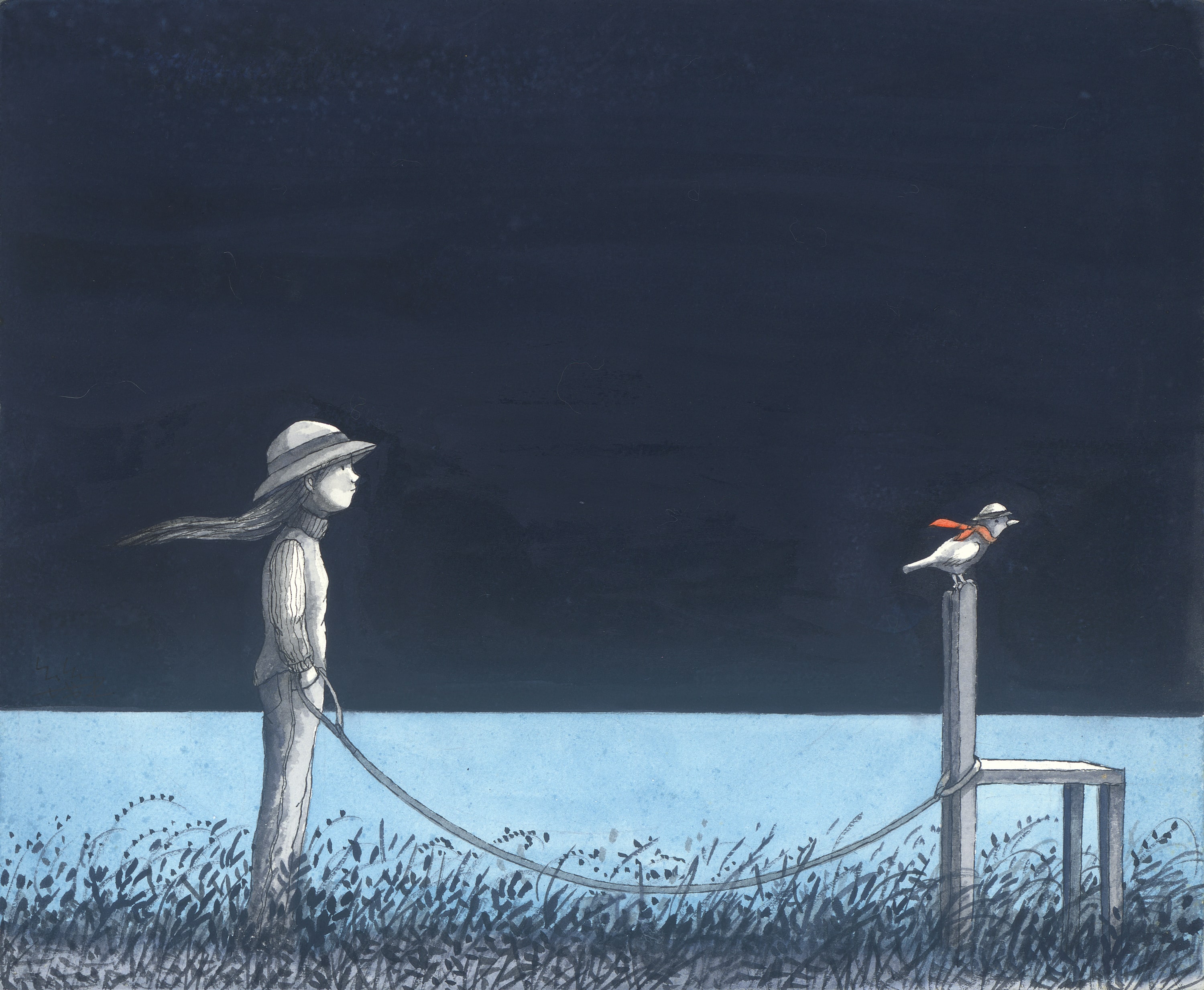 幾米 Jimmy Liao, 藍色心境 Blue State of Mind 壓克力顏料、水彩、油性簽字筆／紙 Acrylic, watercolor and marker on paper, 27.3 x 33.2 cm /...