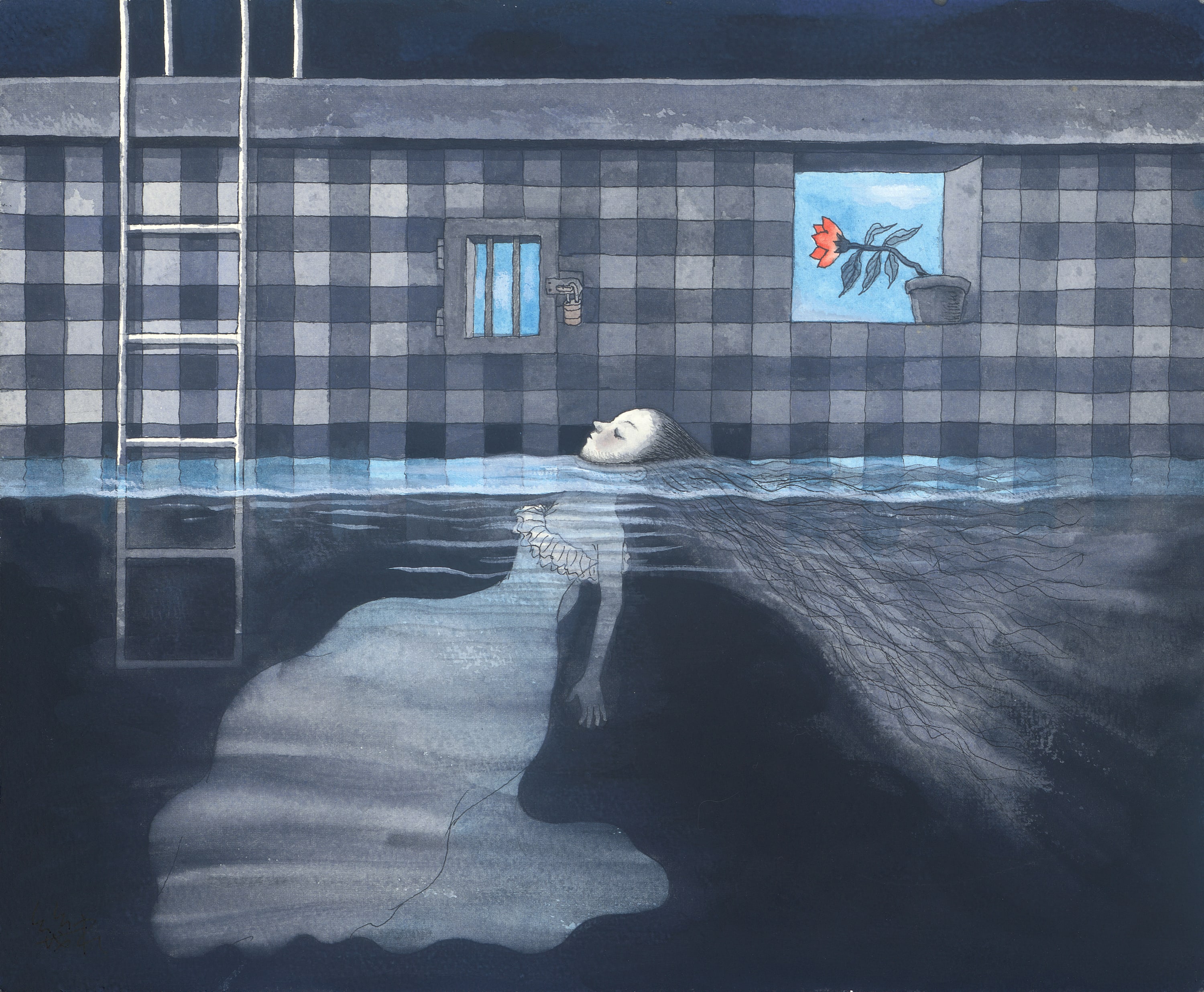 幾米 Jimmy Liao, 藍色心境 Blue State of Mind 壓克力顏料、水彩、油性簽字筆／紙 Acrylic, watercolor and marker on paper, 27.3 x 33.2 cm /...