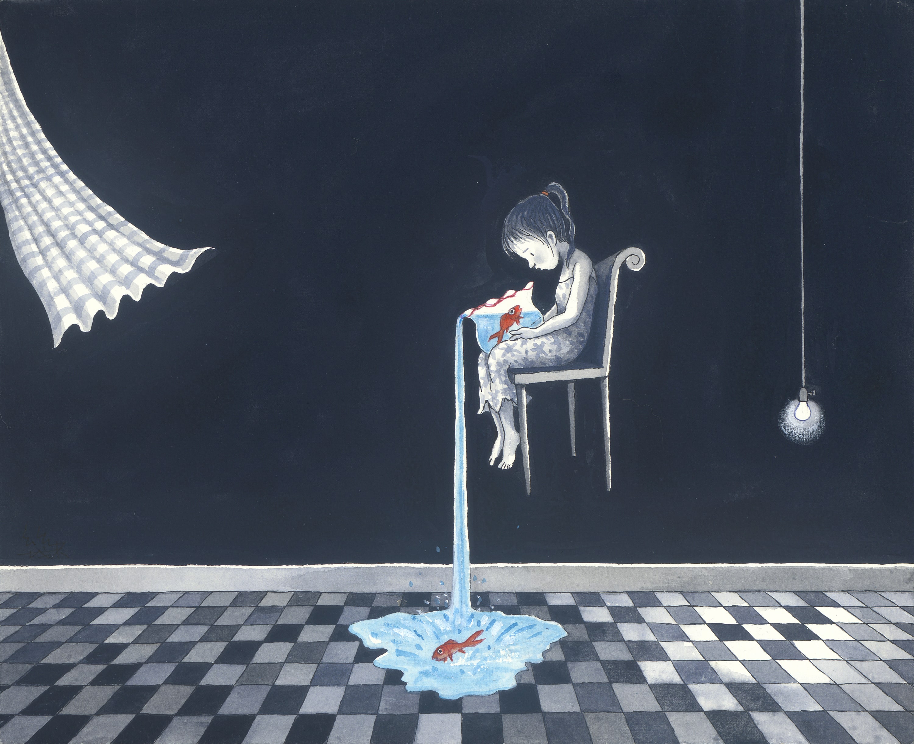 幾米 Jimmy Liao, 藍色心境 Blue State of Mind 壓克力顏料、水彩、油性簽字筆／紙 Acrylic, watercolor and marker on paper, 27.3 x 33.2 cm /...