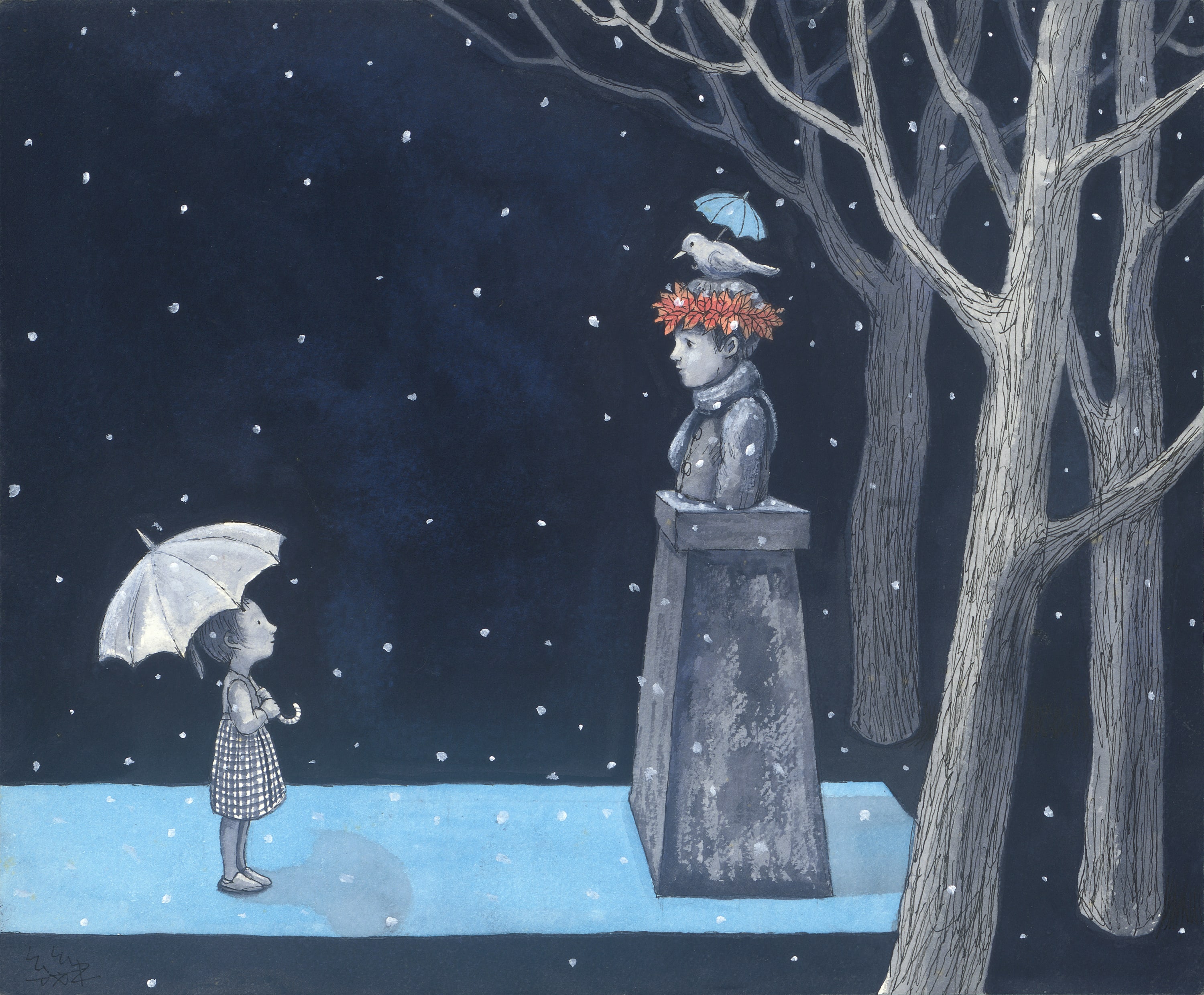 幾米 Jimmy Liao, 藍色心境 Blue State of Mind 壓克力顏料、水彩、油性簽字筆／紙 Acrylic, watercolor and marker on paper, 27.3 x 33.2 cm /...