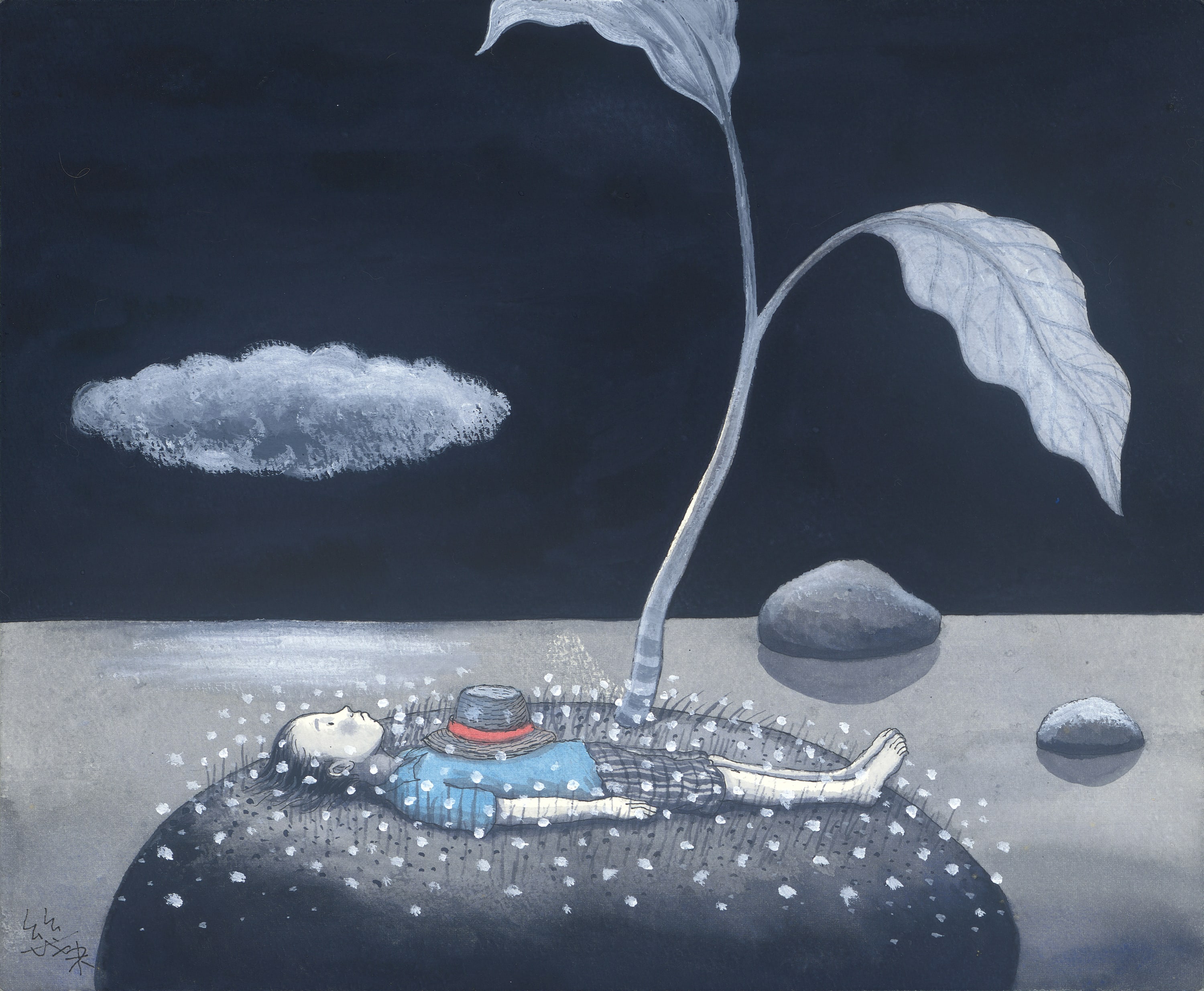 幾米 Jimmy Liao, 藍色心境 Blue State of Mind 壓克力顏料、水彩、油性簽字筆／紙 Acrylic, watercolor and marker on paper, 27.3 x 33.2 cm /...