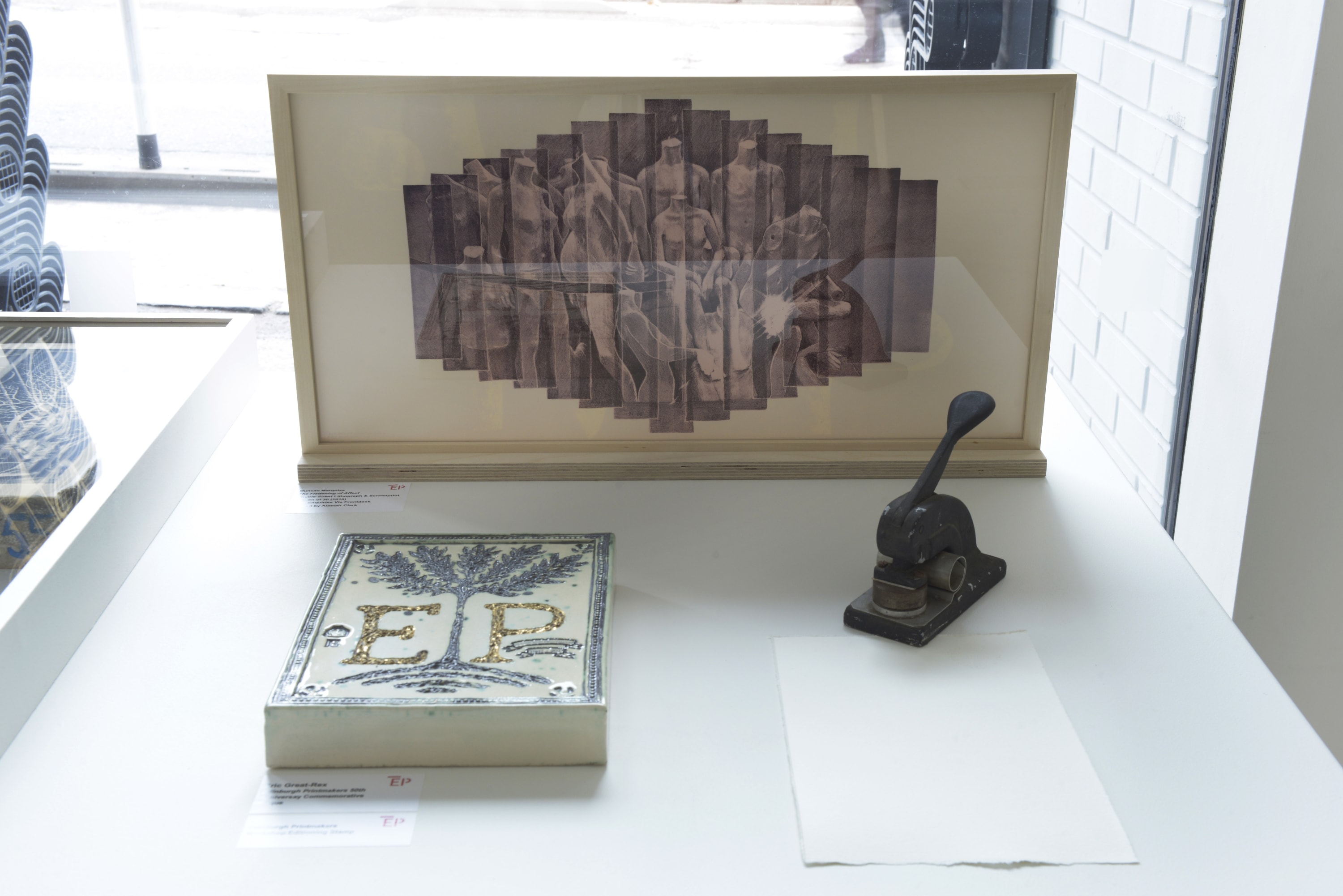 Clockwise: Duncan Marquiss The Flatenning of Affect, Edinburgh Printmakers Workshop Editioning Stamp, Eric Great-Rex Edinburgh printmakers 50th Anniversary Plaque. Photographic...