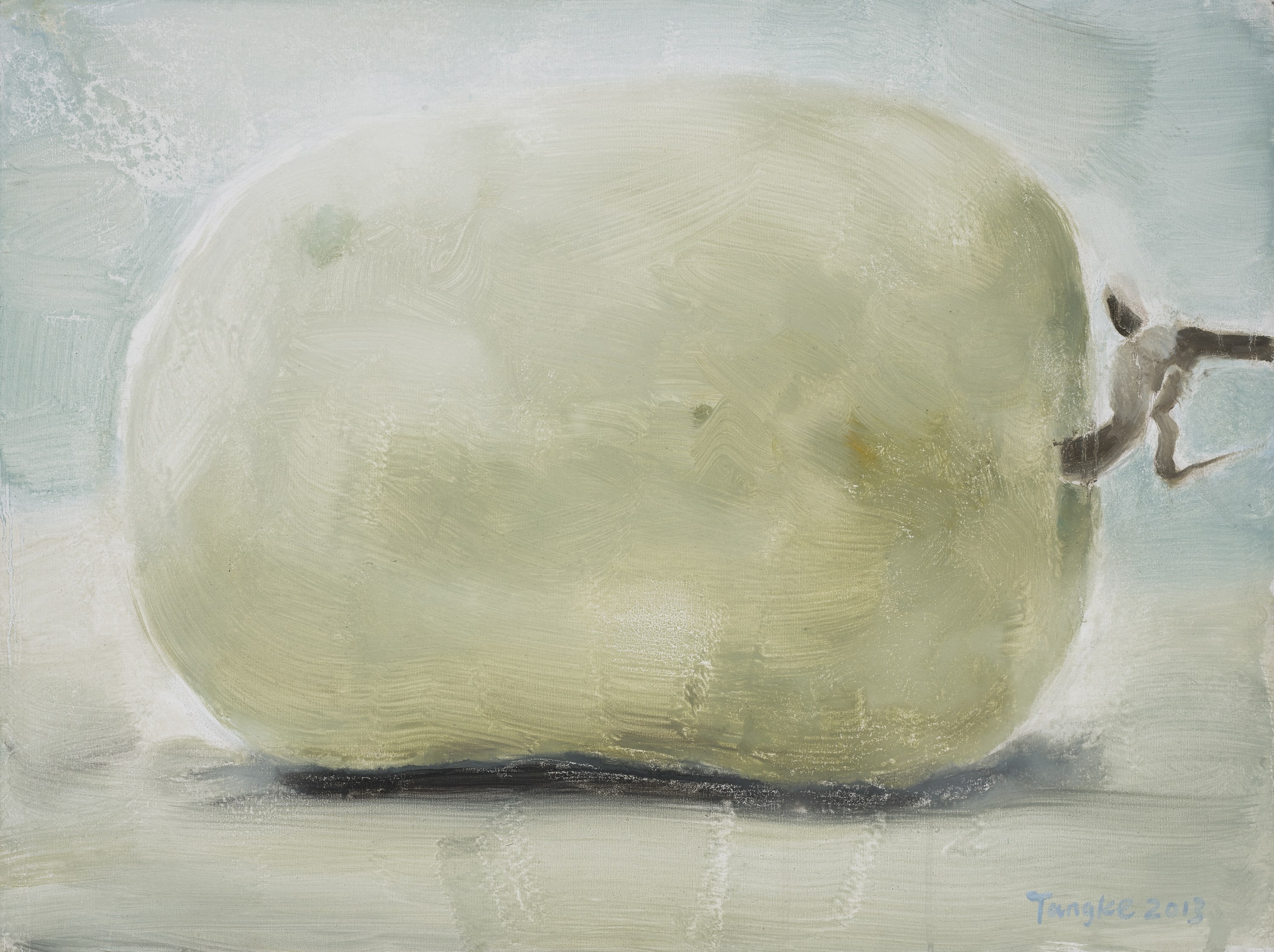 painting of a melon on its side on a table.
