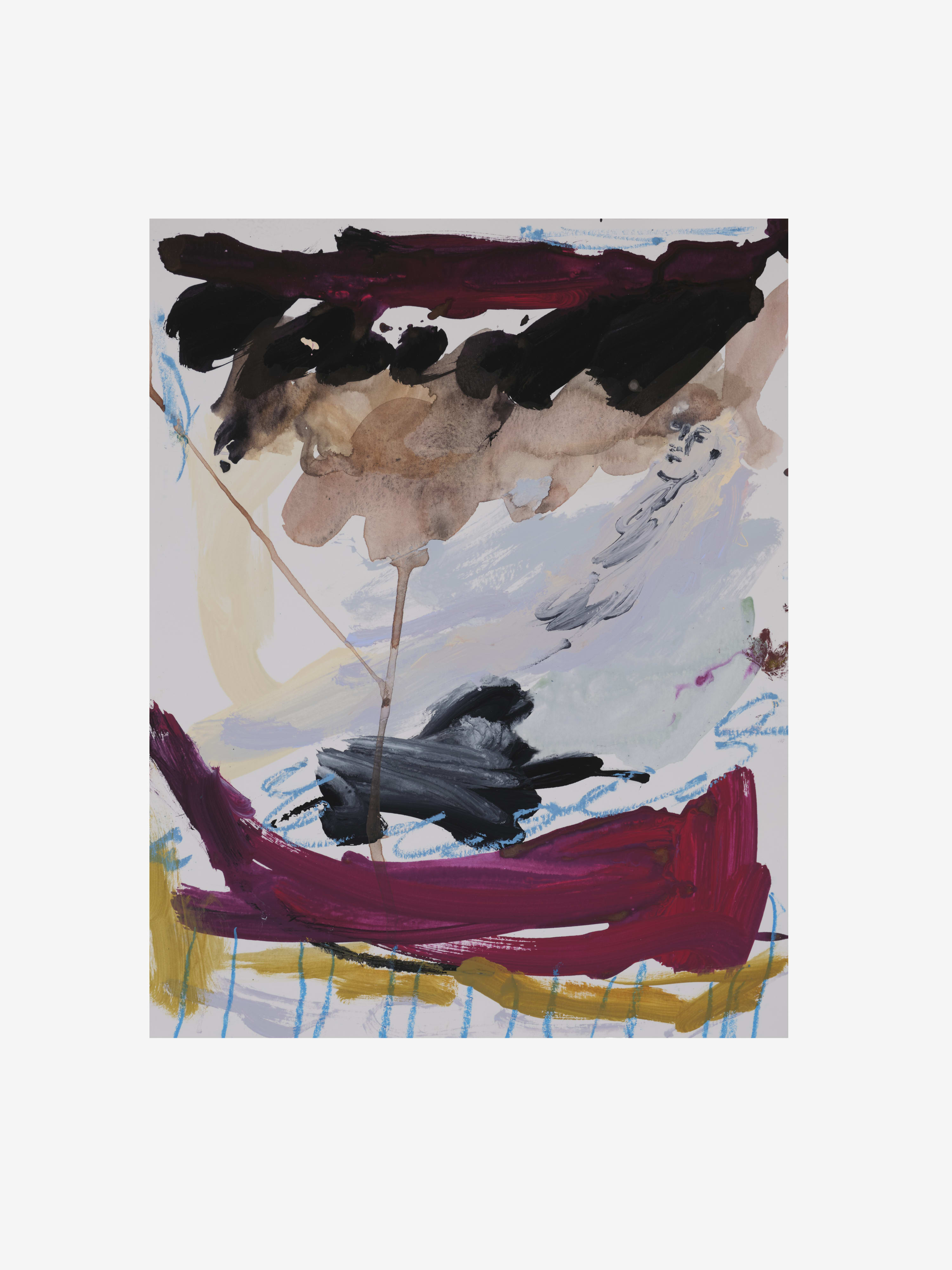 In ‘Sad waters, different oceans, secret fires 30’ the maroon stroke of paint, reminiscent of a boat, is obscured by...