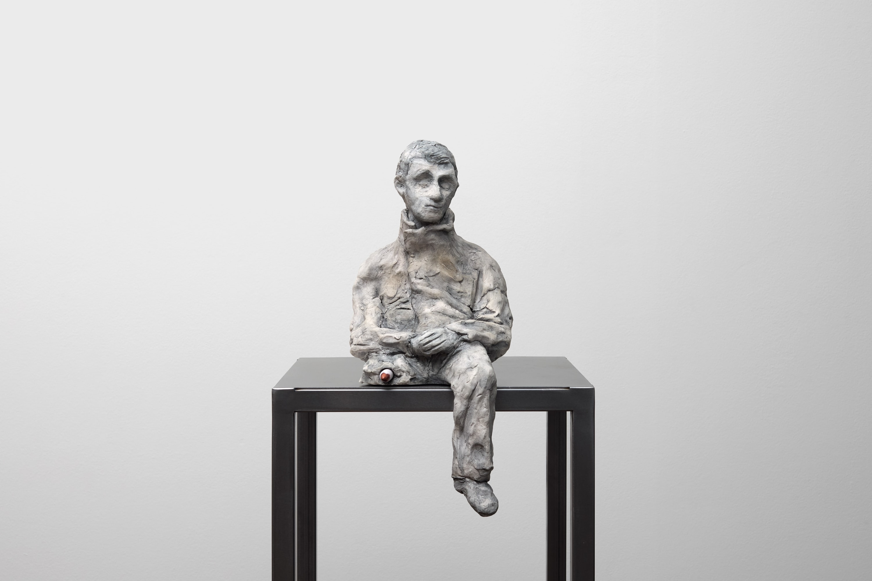 Terence Birch, New Leg at Roehampton (Soldier Receiving an Artificial Leg 1915), 2026. Bisque-fired ceramic, oxide, paper stump, pastel, and...