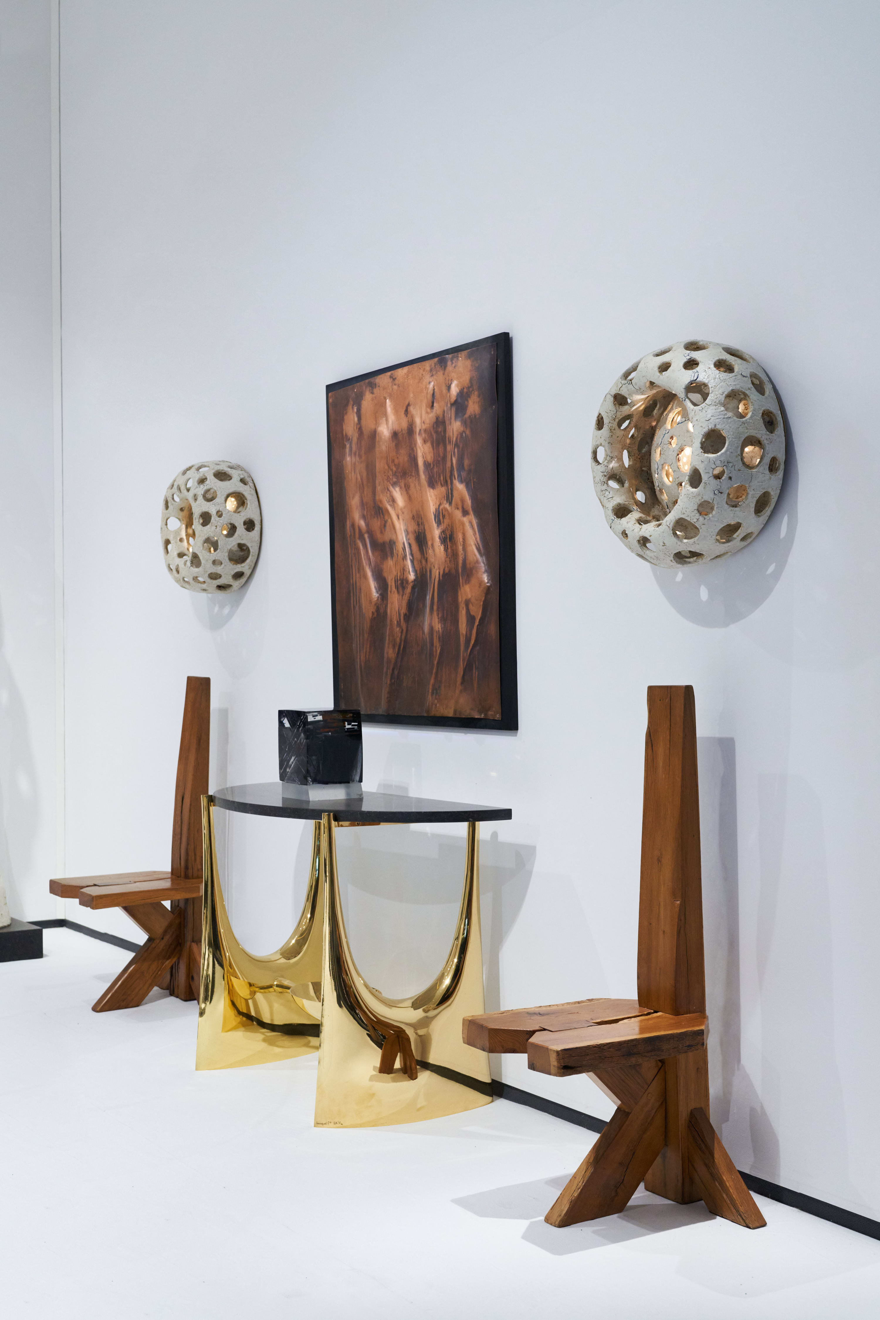 Gold-plated 1988 console by Philippe Hiquily, Wall panel by Jean Touret, 'Cube' by Monique Rozanes