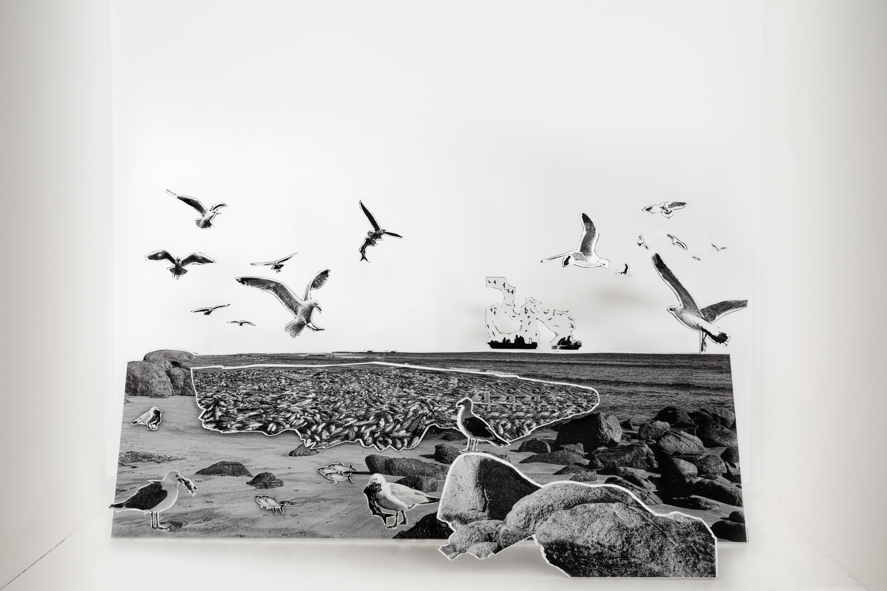 The works implement the act of cutting, folding, pasting and assembling medium or life-sized elements to construct each scene. These...